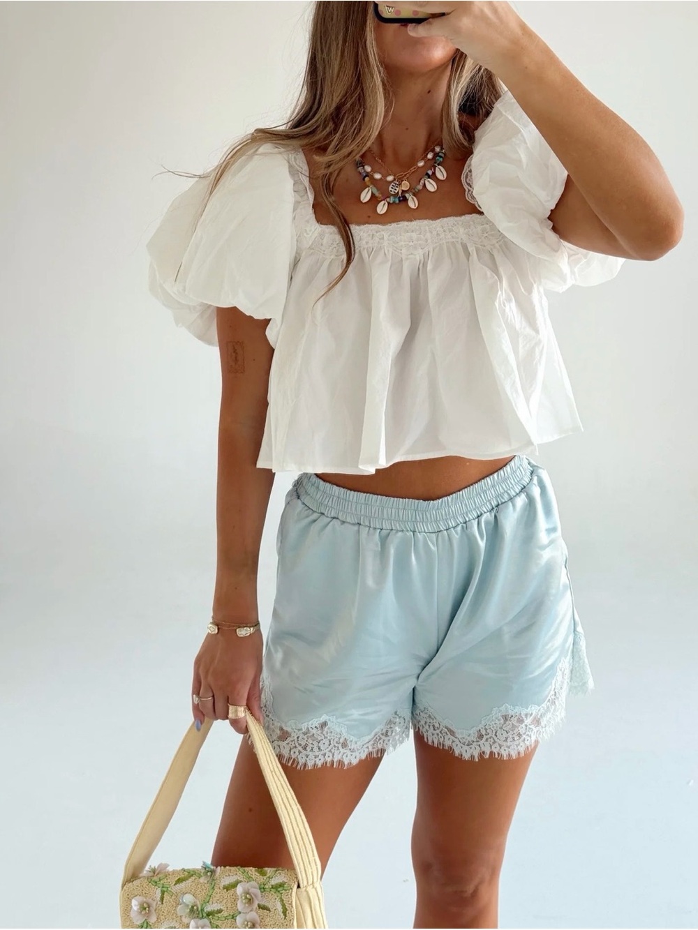 Women's Light Blue Lace-Trim Athletic Shorts